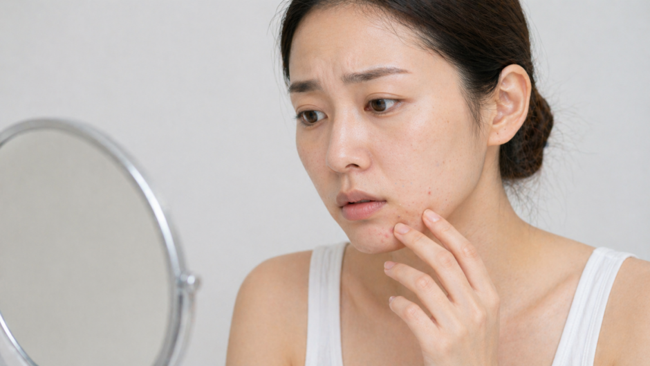 顎のニキビを気にして顔を触っている女性
