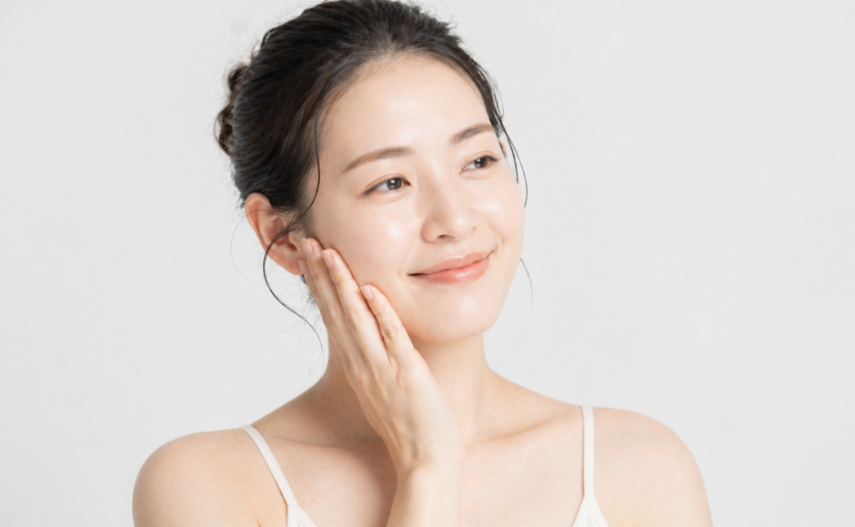 頬に手を当てている女性