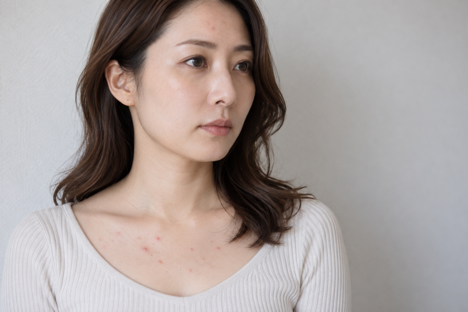 デコルテとおでこにニキビがある女性