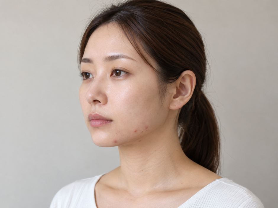 フェイスラインにいくつかニキビがある女性